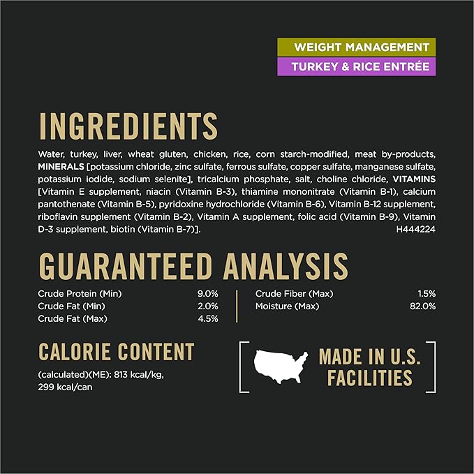 Purina Pro Plan Weight Management Wet Dog Food Turkey and Rice Entree in Gravy - 13 oz. Cans,(Pack of 24)