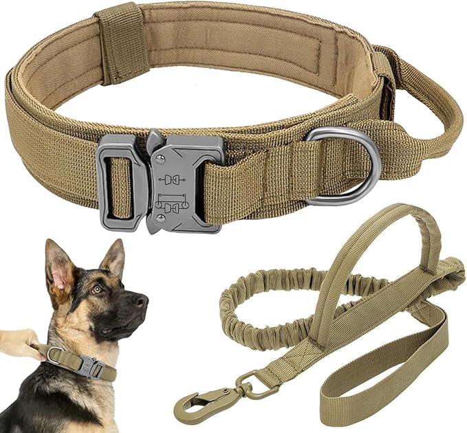 Tactical Dog Collar Leash Set, Adjustable Military Training Nylon Collar Dog Training with Control Handleand Metal Buckle, Dog Collar for Medium Large Dogs (Brown,XL)