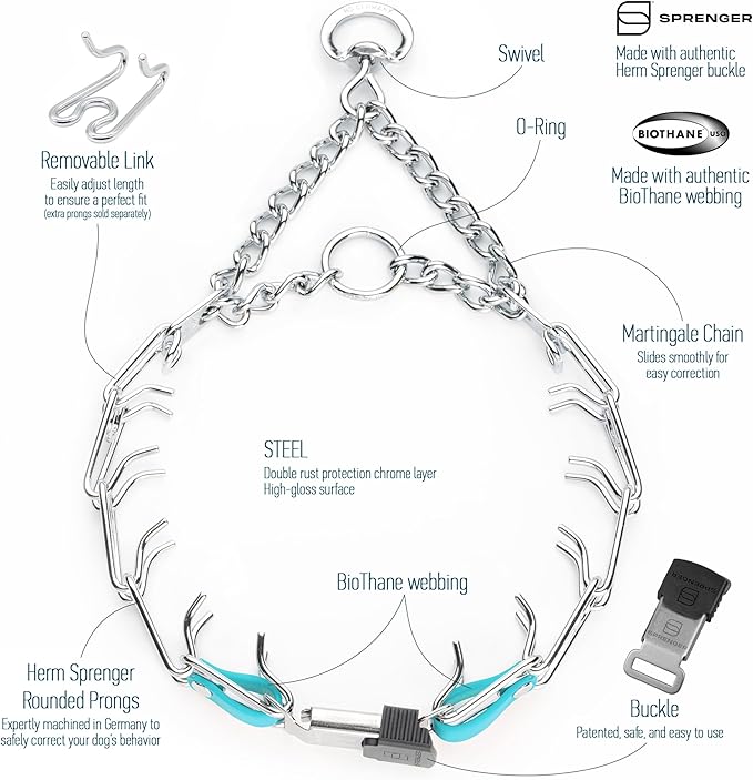 Herm Sprenger Chrome Plated Steel Dog Collar with Quick Release ClicLock Buckle and Biothane Insert Training Collar for Dogs Made in Germany (Sky Blue, 23in x 3.2mm(Neck Size up to19-20in))
