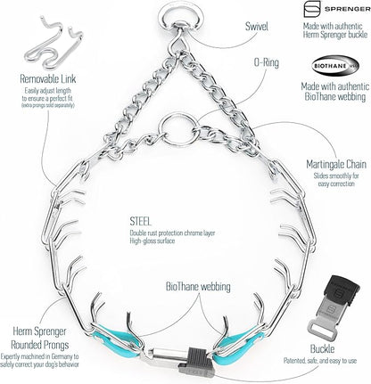 Herm Sprenger Chrome Plated Steel Dog Collar with Quick Release ClicLock Buckle and Biothane Insert Training Collar for Dogs Made in Germany (Sky Blue, 23in x 3.2mm(Neck Size up to19-20in))