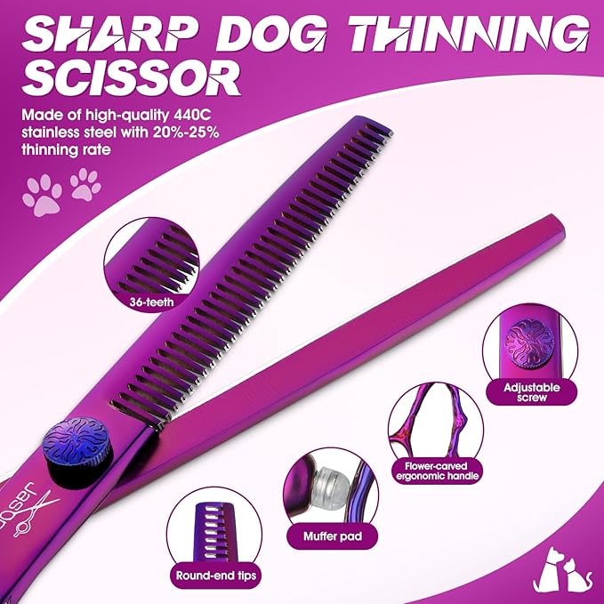 JASON Dog Grooming Scissors Set - Professional 6 in 1 Dog Shears Kit - 6.5" Thinning, 7" Straight, 7" Up-Curved, 7" Down-curved Scissors and Comb for Cat Pet with Adjustable Screw (Purple) Gift