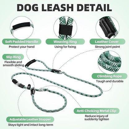 SlowTon Slip Lead for Dogs - Hands Free No Tangle Adjustable 5-7 FT 1/2” Rope, Heavy Duty Nylon Leash for Large Medium Dogs that Pull, No Pull Training Slip Leashes, 20-120lb, Green