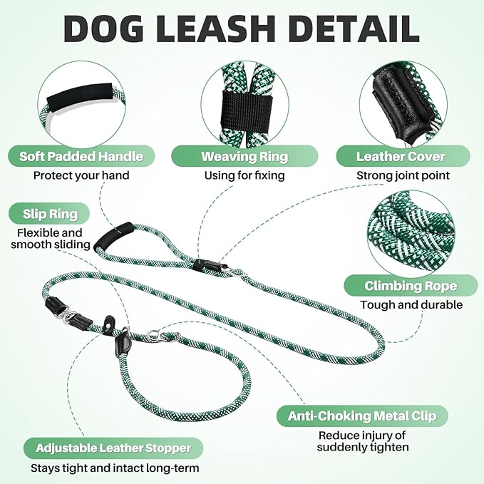 SlowTon Slip Lead for Dogs - Hands Free No Tangle Adjustable 4-6 FT 1/2” Rope, Heavy Duty Nylon Leash for Large Medium Dogs that Pull, No Pull Training Slip Leashes, 20-120lb, Green