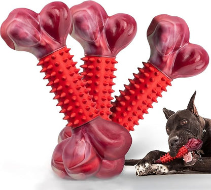 Apasiri 3-Pack Tough Dog Toys for Aggressive Chewers: Beef Flavored Long Lasting Dog Bones for Large Dogs, Heavy Duty Nylon & Rubber Dog Chew Toys to Keep Them Busy, Medium & Large Breed, Red