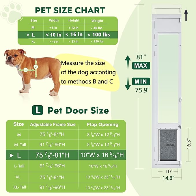 3 Flap Large Dog Door for Sliding Glass Door, Openable Pet Door for Sliding Glass Doors, Adjustable 75 7/8" to 81" Slider Height-Large