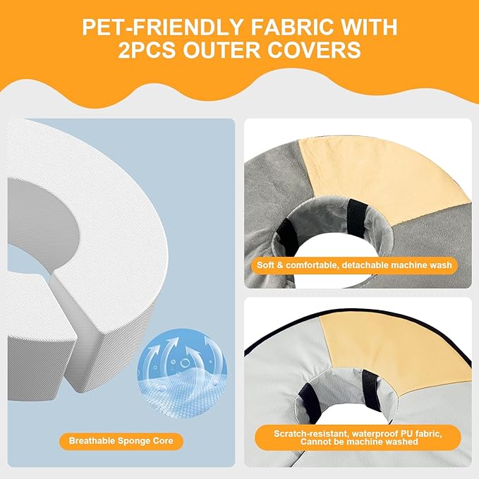 Sponge Core Dog Cat Cone Collar for After Surgery Recovery, Inflatable Dog Cone Alternative, Lainergie Dogs Donut Collar Adjustable with 2PCS Cover for Large Medium Small Dogs Cats (Grey+Yellow, S)