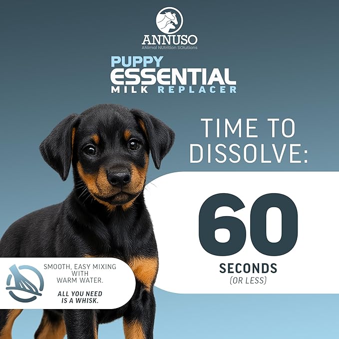 ANNUSO Puppy Essential Milk Replacer, 12oz - 29% Protein & 28% Fat - Complete Nutrition with Probiotics & Key Nutrients, Supports Immunity & Digestion - Easy-Mix Powder