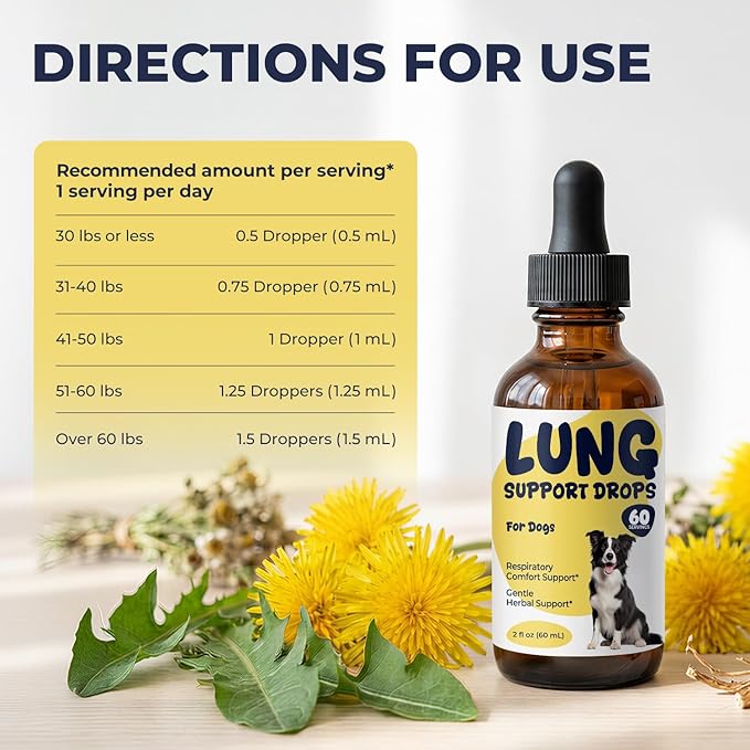 Lung Support Drops for Dogs, Herbal Respiratory Support for Coughing Dogs, Throat Comfort & Easy Breathing, Mullein Drops for Lungs with Licorice & Botanical Blend, 2 fl oz