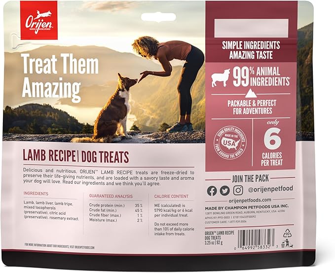 ORIJEN Grain Free High Protein Freeze Dried Dog Treats Grass Fed Lamb Recipe 3.25oz Bag
