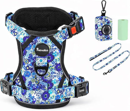 Petmolico No Pull Dog Harness Set with Leash Attachment Easy Control Handle Reflective Vest Small Breed, Puppy Vest and Leash Set with Poop Bag Holder, Small - Blue Daisy