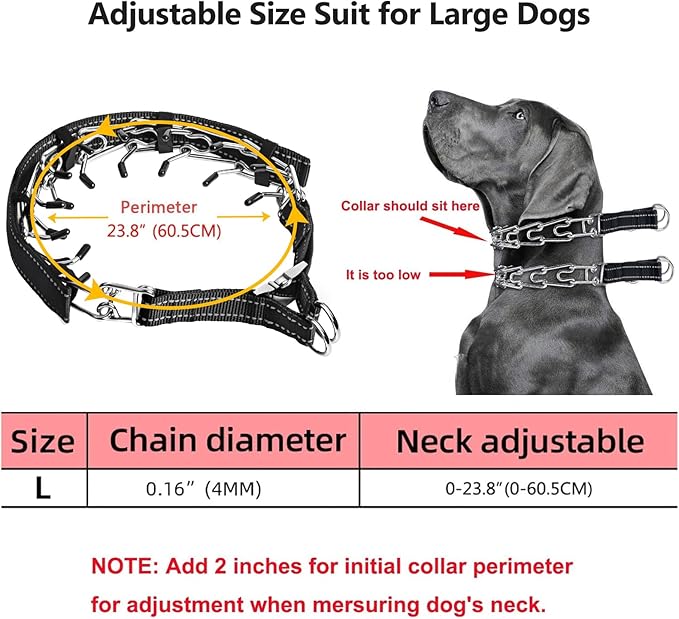 Prong Collar for Large Dogs with Reflective Nylon Cover, Dog Pinch Collar,Dog Training Collar,High Strength Quick Release Metal Buckle,Comfort Rubber Tips (Black，4.0mm, 23.6-Inch)