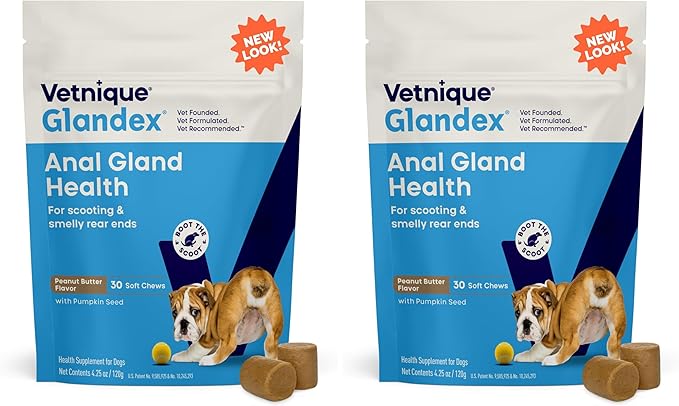 Vetnique Glandex Anal Gland Soft Chew Treats with Pumpkin for Dogs Digestive Enzymes, Probiotics Fiber Supplement for Dogs Boot The Scoot (30ct, Peanut Butter Chews) (Pack of 2)
