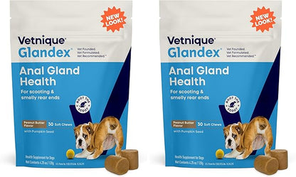 Vetnique Glandex Anal Gland Soft Chew Treats with Pumpkin for Dogs Digestive Enzymes, Probiotics Fiber Supplement for Dogs Boot The Scoot (30ct, Peanut Butter Chews) (Pack of 2)