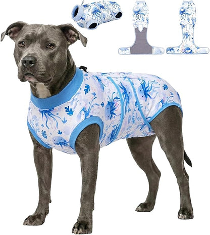 PetWarm Pet Recovery Suit for Female Dogs, Dog Surgery Suit, Cone of Shame Alternatives Bodysuit for Abdominal Affected Areas Sensitive Skin Areas, Dog Bodysuit, Marine Animal Patterns, Blue, XL