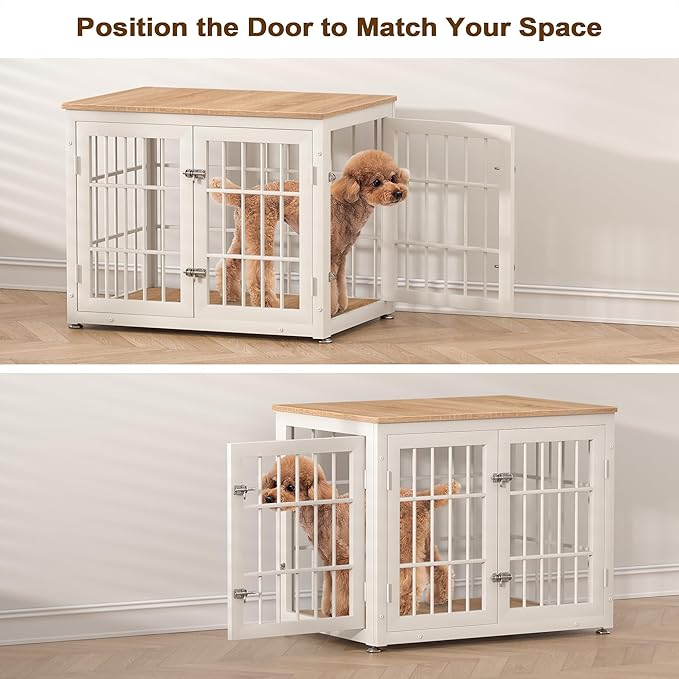 rehomerance 32 Inch Heavy Duty Dog Crate Furniture for Medium and Small Dogs, Decorative Pet House End Table, Wooden Cage Kennel Furniture Indoor, Natural and White