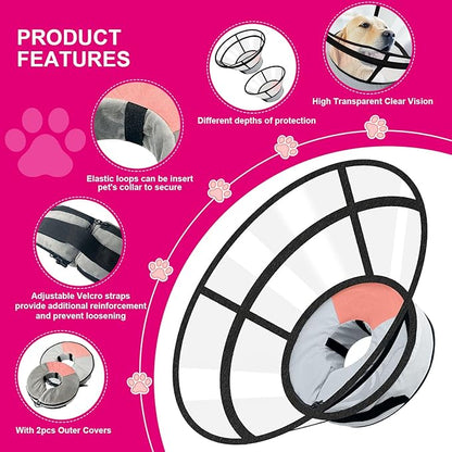 Sponge Core Dog Cat Cone Collar for After Surgery Recovery, Inflatable Dog Cone Alternative, Lainergie Dogs Donut Collar Adjustable with 2PCS Cover for Large Medium Small Dogs Cats (Grey+Pink, L)