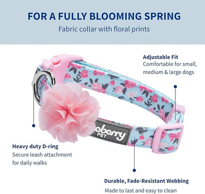 Blueberry Pet Made Well Cute Floral Print Adjustable Dog Collar in Light Blue with Pink Artificial Silk Flower, Large, Neck 18"-26"