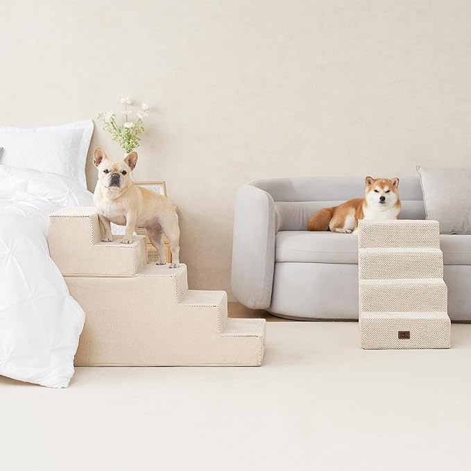 EHEYCIGA Dog Stairs for High Bed 25" H, 5-Step Extra Wide Dog Steps for Bed, Pet Steps for Small Dogs and Cats, Non-Slip Balanced Pet Ramp Indoor, Beige