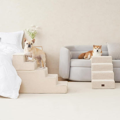 EHEYCIGA Dog Stairs for High Bed 25" H, 5-Step Extra Wide Dog Steps for Bed, Pet Steps for Small Dogs and Cats, Non-Slip Balanced Pet Ramp Indoor, Beige