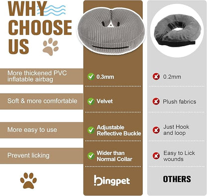 BINGPET Inflatable Dog Cone Collar Alternative After Surgery,Soft Recovery Cone for Dogs to Stop Licking,Dog Blow up Protective Neck Donut ECollars Adjustable for Large Medium Small Pet,Upgrade M Grey