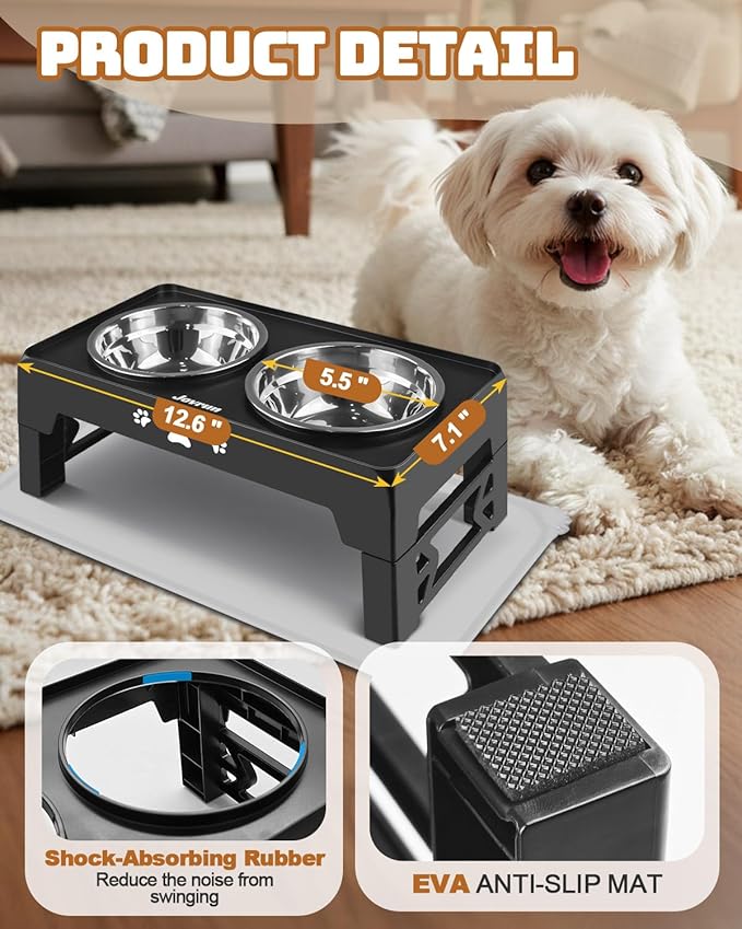 Jovrun Elevated Dog Bowls for Small Dogs and Cats with Mat, Non-Slip Cat Bowls with 2 Thick 5.5" Stainless Steel Dishes, Dog Feeder 2 Heights Adjustable to 2.6"-5.3"