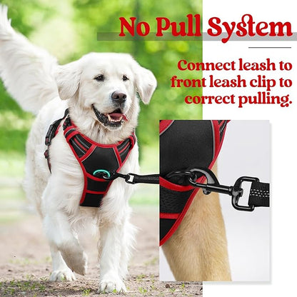 rabbitgoo Dog Harness No Pull with 2 Leash Clips, Adjustable Soft Padded, Reflective Oxford No Choke Pet Vest with Easy Control Handle for Large Dogs, Black & Red, L