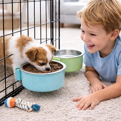 HERCOCCI 2 Pack Dog Crate Bowls, Hanging Removable Stainless Steel Food and Water Bowls for Puppies, Small Dogs, Cats, Rabbits & Ferrets (Blue, Green)