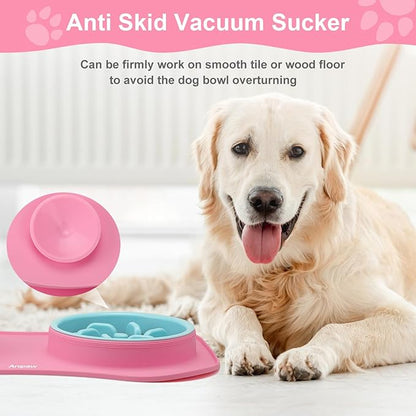 Anipaw Slow Feeder Dog Bowls 3 in 1 Stainless Steel Dog Food and Water Bowls with Non-Spill Non-Skid Silicone Mat to Slow Down Eating for Large Medium Small Breed Size Dogs and Cats (Pink Blue)
