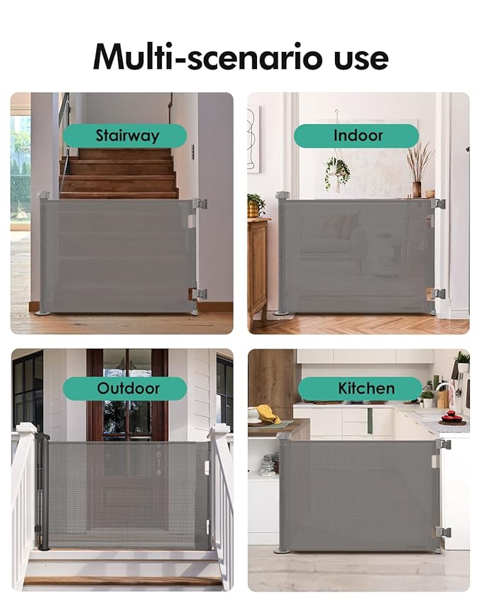 Retractable Baby Gates, Mesh Dog Gate for Doorways, 33.6" Tall, Expands to 55" Wide,Pet Safety Essential Fit for Baseboards, Wide Toddlers Gates for Hallways, Indoor & Outdoor,Grey