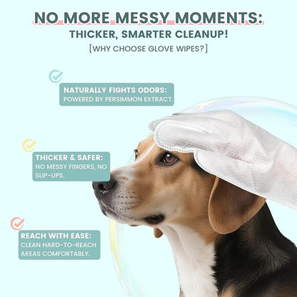 IMMHABI 50 Pcs Cleaning Deodorizing Pet Glove Wipes for Dogs & Cats, Hypoallergenic Dog Bath Wipes with Natural Deodorizer Persimmon Tannin, Pet Bathing Wipes for Horse Coat Care Unscented