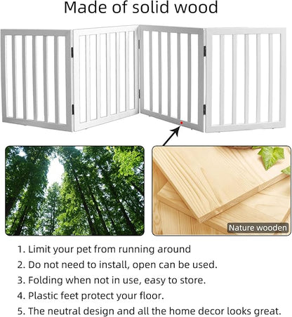 ZJSF Freestanding Indoor Dog Gate for House Foldable Wood White Puppy Gate for Doorways Pet Gate for Stairs Extra Wide Pet Fence 24" Height 4 Panels
