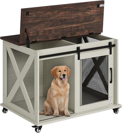 TROPOW Dog Crate Furniture,37 Inch Dog Kennel Furniture, Sliding Barn Door, Flip Top Dog Crate End Table with Removable Divider, Farmhouse Dog Cage for Small to Middle Size Dogs