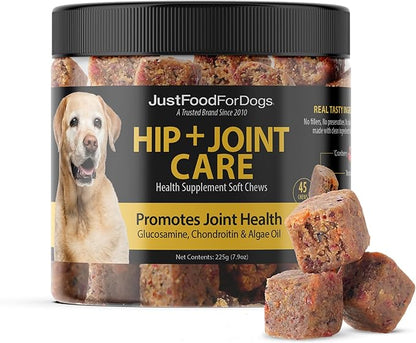 JustFoodForDogs Hip and Joint Supplement for Dogs, Human Grade Glucosamine Chondroitin Dog Supplements, Multivitamin Soft Chews, Omega 3 Oil, Superfood Blend, Plant Based Dog Vitamins - 45 Count