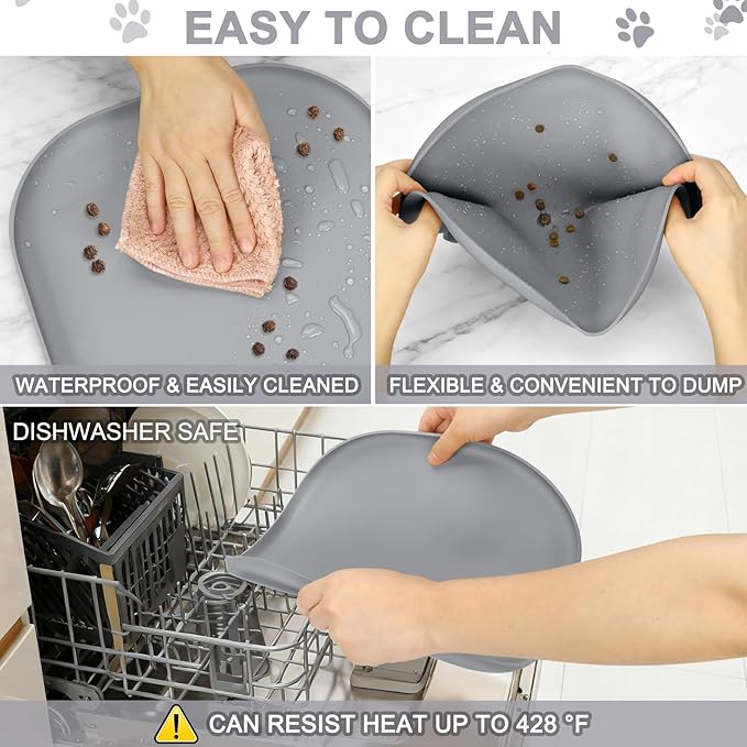 SMILOOL Small Silicone Pet Food Mat with Raised Edge for Food and Water Bowl, Square Dog Feeding Mats, Cat Food Trays for Floor Waterproof, Rubber Tray for Dogs and Cats, 12 x 12 x 0.7 Light Gray