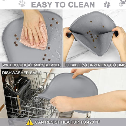 SMILOOL Small Silicone Pet Food Mat with Raised Edge for Food and Water Bowl, Square Dog Feeding Mats, Cat Food Trays for Floor Waterproof, Rubber Tray for Dogs and Cats, 12 x 12 x 0.7 Light Gray
