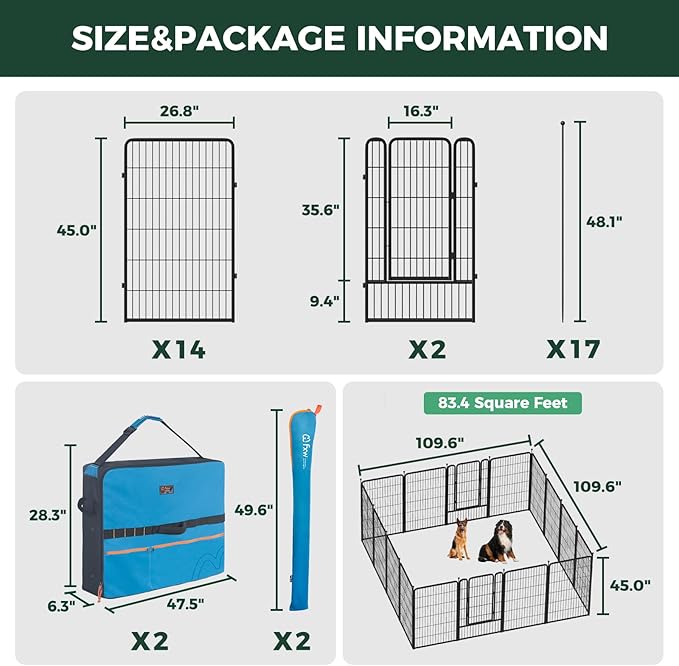 FXW Rollick Unleashed Dog Playpen for Indoor, Yard, RV Camping, 45 inch 16 Panels Dog Pen with Playpen Storage Bag (2 Packs) for Large Dogs, Black│Patented