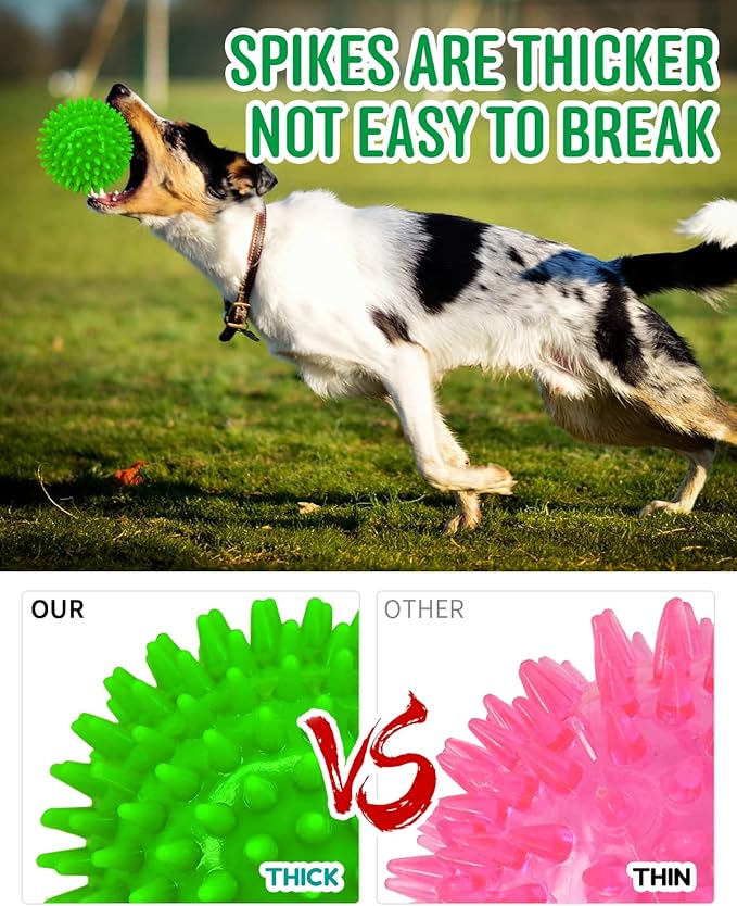 Pweituoet 4.5” Heavy Duty Squeaky Dog Balls for Medium Large Dogs, Dog Toys for Aggressive Chewers, Spike Ball Toys for Clean Teeth and Training(2 Pack) (4.5" Purple and Green)