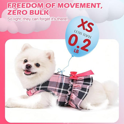 EXPAWLORER Dog Harness Small Medium Sized Dogs, Plaid Dog Dress Bowknot Harness and Leash Set, No Choke No Pull Soft Mesh Vest Cute Princess Puppy Outfits Clothes Costume for Girls Party Cats Pink XS