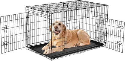 Sweetcrispy Dog Crate, 48 Inch Double Door Folding Metal Wire Dog Cage with Plastic Leak-Proof Pan Tray, Extra Large Pet Kennel for Indoor, Outdoor, Travel