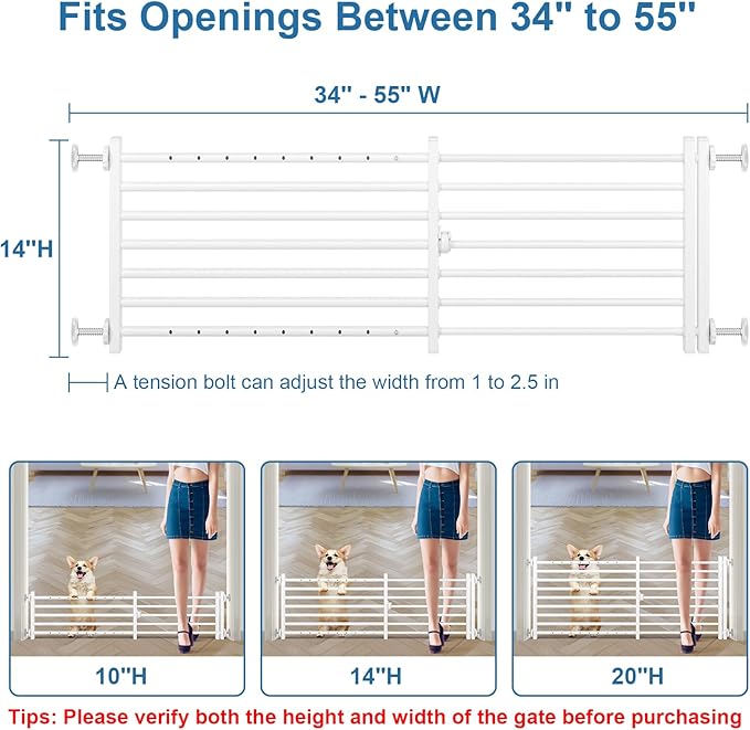 Malier Indoor Dog Gate with Door, 34-55" Extra Wide Full Metal Pet Gate Short Dog Gate for Stairs, Pressure Mount 14'' Tall Small Puppy Low Gate Easy Step Over for Doorways