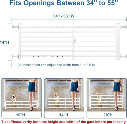 Malier Indoor Dog Gate with Door, 34-55" Extra Wide Full Metal Pet Gate Short Dog Gate for Stairs, Pressure Mount 14'' Tall Small Puppy Low Gate Easy Step Over for Doorways