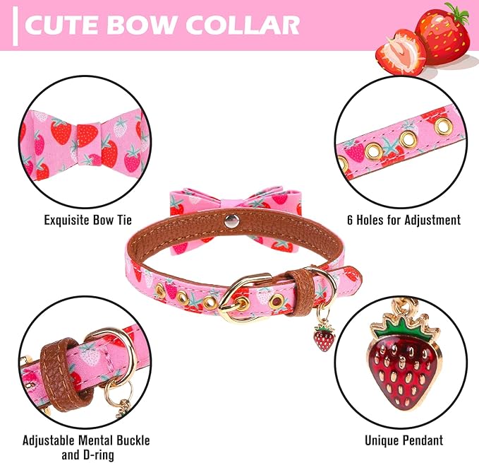 EXPAWLORER Small Collar and Leash Set - Embroidery Pawprints with Bow Tie and Bandana Collar with Bell, Soft Tangle Free Leash for Dogs Cats Outdoor Walking, Holiday Ideal Gift Pink Strawberry S