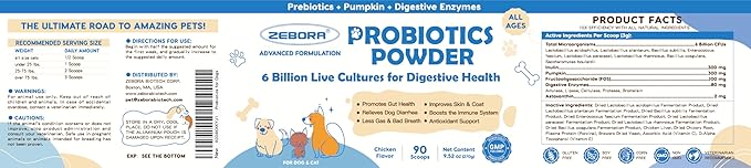 Probiotic Powder for Dogs with Pumpkin, Prebiotics & Digestive Enzymes, 6 Billion CFUs Dog Probiotics for Digestive Health, Diarrhea & Itchy Skin Relief, Chicken Flavor, 90 Scoops