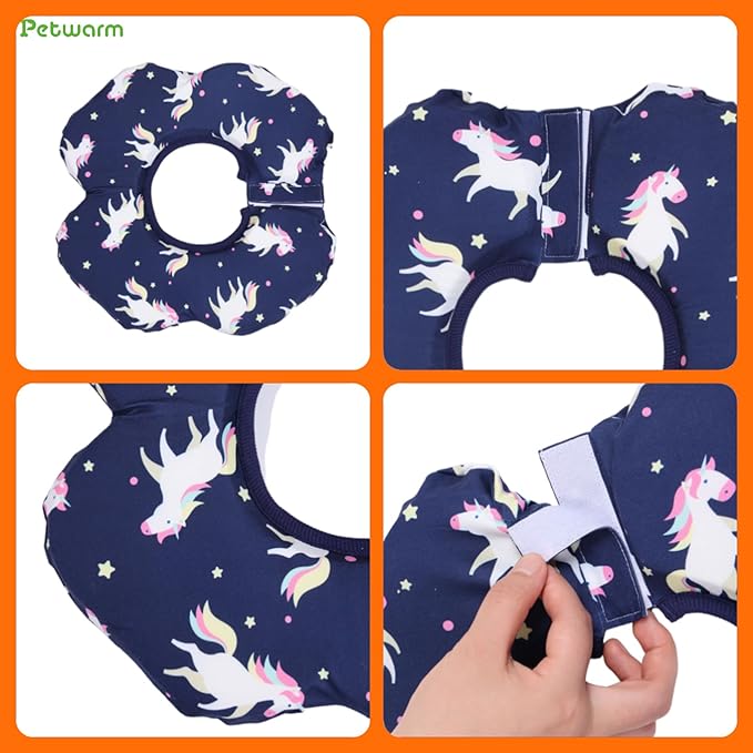 PetWarm Recovery Collar for Dogs, Dog Recovery Collar, Lightweight Pet Neck Protector with Memory Foam Padding, Gentle No-Lick Flower Design for Calm Rest and Travel, Unicorn Print, Blue, L