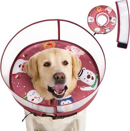 Soft Cone Collar With Guard Shield for Dogs - Inflatable Surgery Recovery Donut, Prevents Licking Wounds and Stitches, Does Not Block View (Xmas Elf, Medium+)