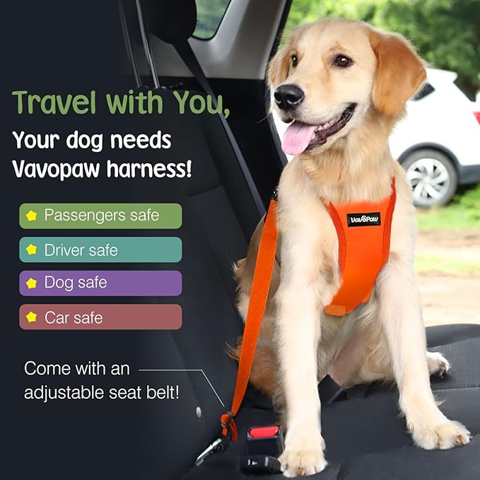 VavoPaw Dog Seat Belt, Safety Vest Dog Car Harness with Adjustable Buckle Dog Seat Belt for Vehicle Nylon Pet Safety Seat Belts Heavy Duty(M, Orange)