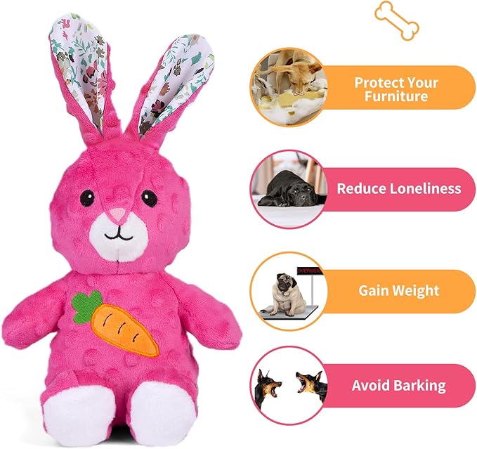 DODODOLA Stuffed Dog Toys Durable Plush Dog Toy with Crinkle Paper Cute Elephant Squeaky Dog Toys Dog Chew Toys for Medium Large Breed (Pink Rabbit)