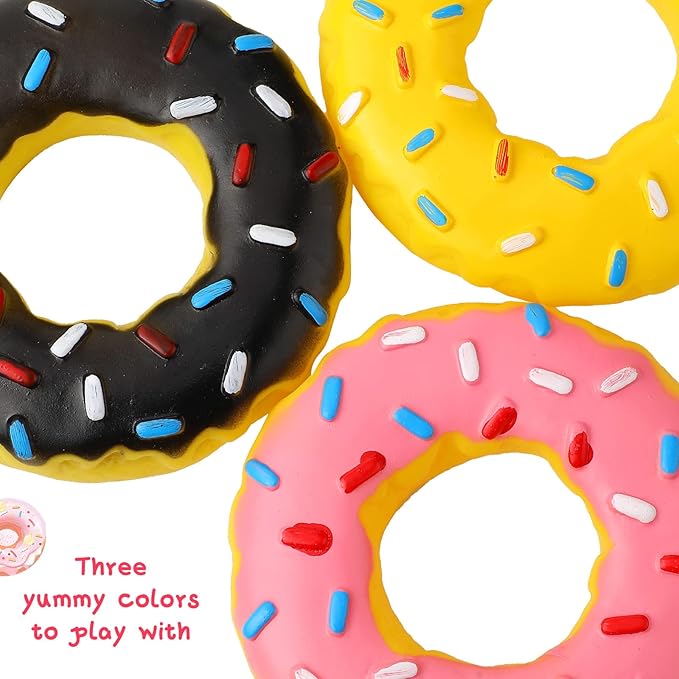 Leitee 3 Pieces 5.3 Inch Assorted Donut Dog Chew Toy with Squeakers Rubber Dog Toy Pink Yellow Black for Interactive Play Small to Medium Dogs Puppy Aggressive Chewers for New Year Gift