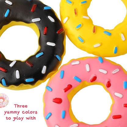 Leitee 3 Pieces 5.3 Inch Assorted Donut Dog Chew Toy with Squeakers Rubber Dog Toy Pink Yellow Black for Interactive Play Small to Medium Dogs Puppy Aggressive Chewers for New Year Gift