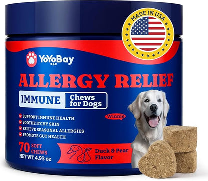 Dog Allergy Relief Chews – 70 Soft Chews, Duck & Pear Flavor - Immune Support & Itch Relief with Colostrum, Astragalus Root, 6-Strain Gut Health Blend